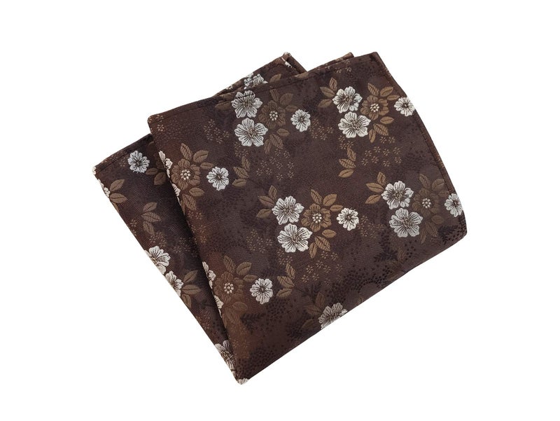 Secdtie Mens Brown with White Floral Cravat Bow Tie Pocket Square Set Boy Formal Business Necktie Nearwear - Image 3